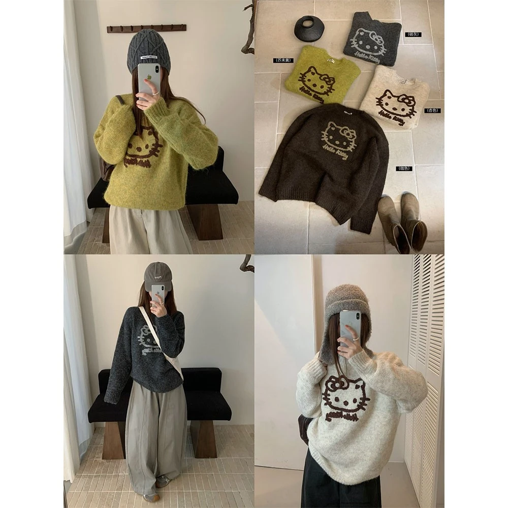 韩系慵懒风宽松套头针织毛衣女秋冬新款卡通绣花百搭圆领上衣