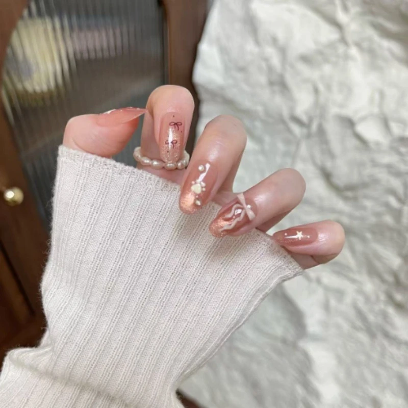 【猫爪蝴蝶结】可爱元素穿戴甲 卡通显白猫眼美甲 百搭通勤甲片10片