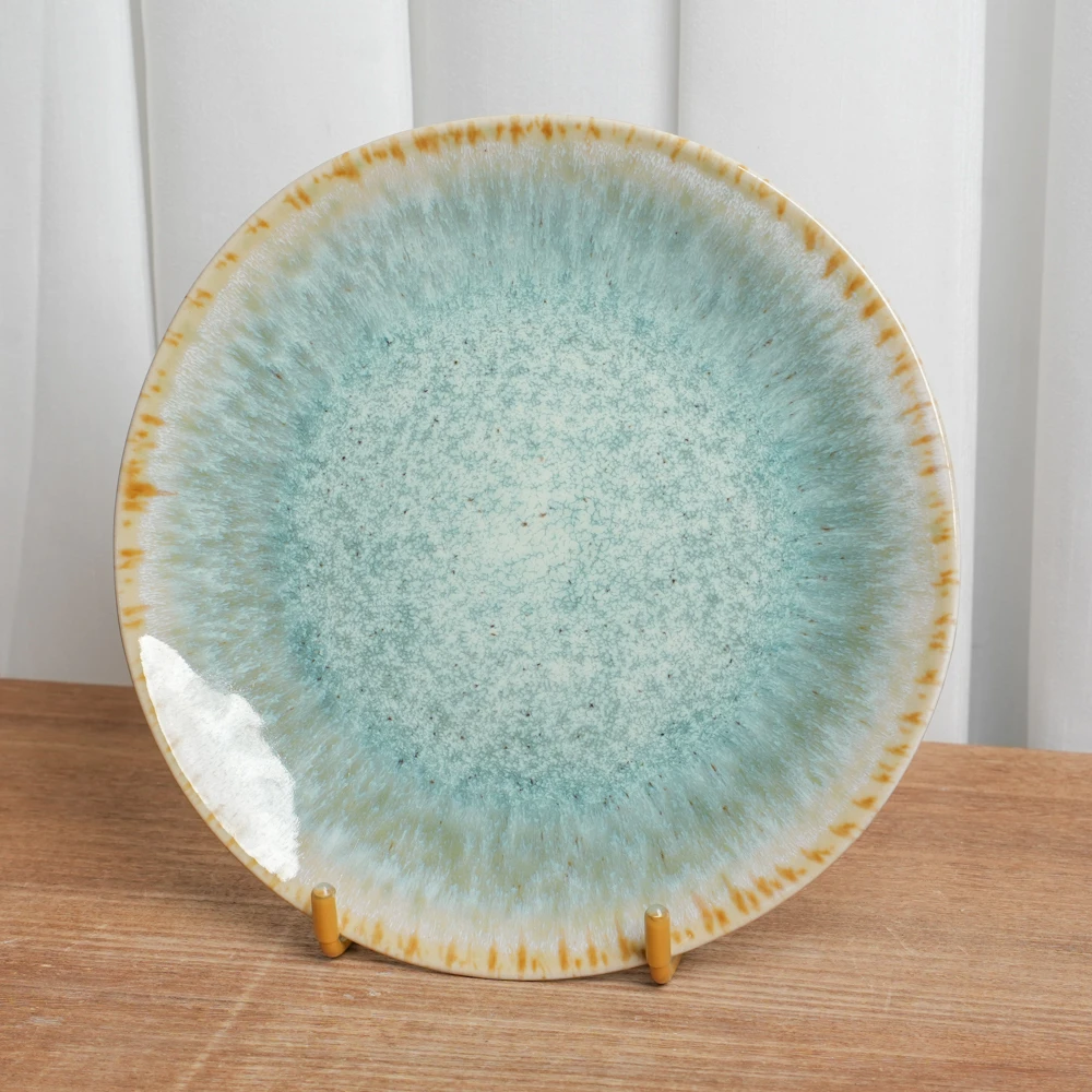 【瑕疵】小盘釉下彩陶瓷盘子家用复古黄边窑变绿平盘高颜值餐盘D1D