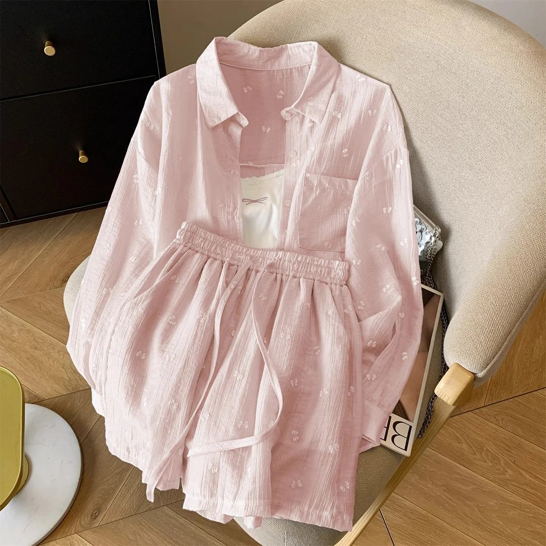 小个子套装女夏2025新款长袖防晒衬衣休闲短裤吊带洋气减龄三件套