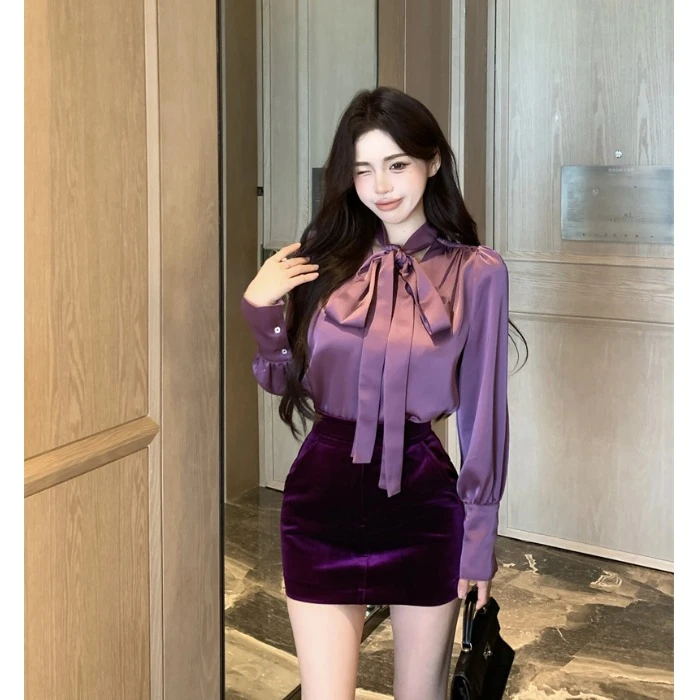 蝴蝶结绑带长袖紫色衬衫女冬季2024丝绒半身包臀短裙纯欲风两件套