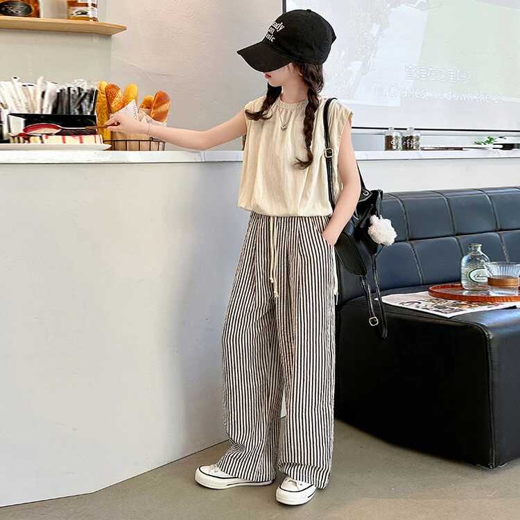 黑白条纹裤女童夏季高腰休闲宽松显瘦薄款阔腿裤网红洋气时尚套装