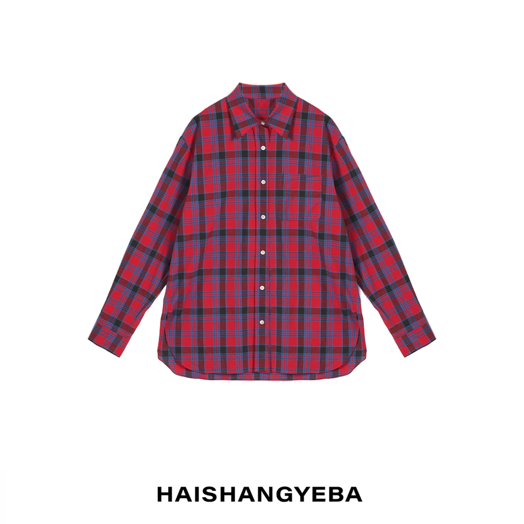 【海上叶爸】新款2025春夏百搭棉翻领纽扣宽松休闲格纹衬衫
