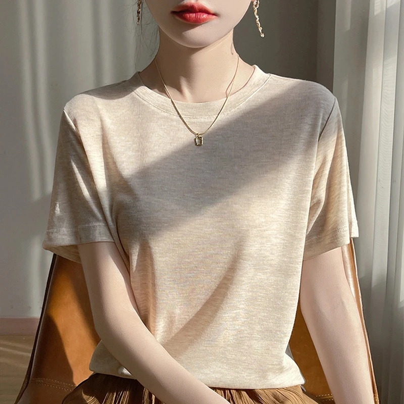 莱赛尔短袖柔软透气圆领纯色T恤百搭显瘦半袖针织衫打底