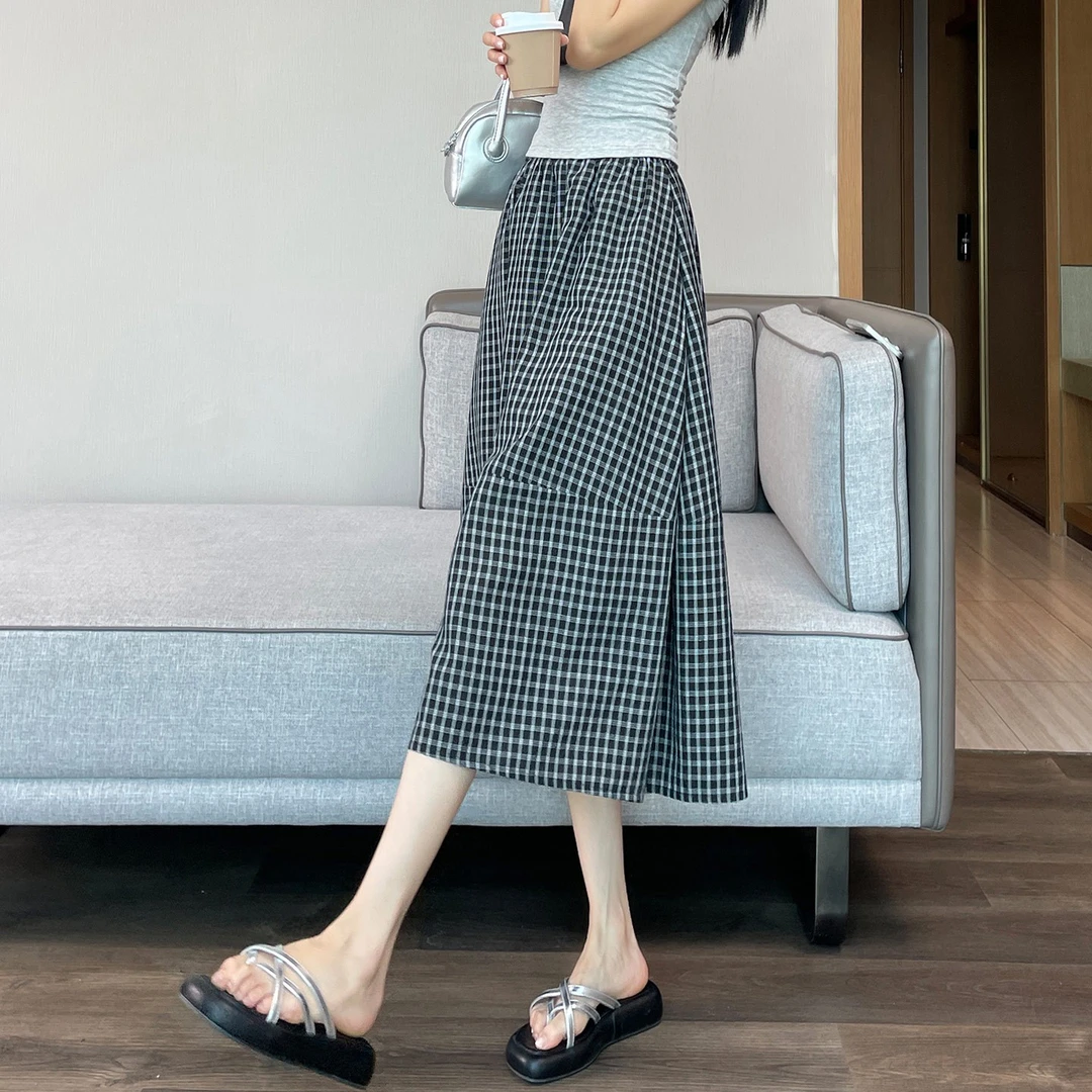 VONSRMAN韩系格子a字半身裙女夏薄款2025新款高腰显瘦大摆裙中长