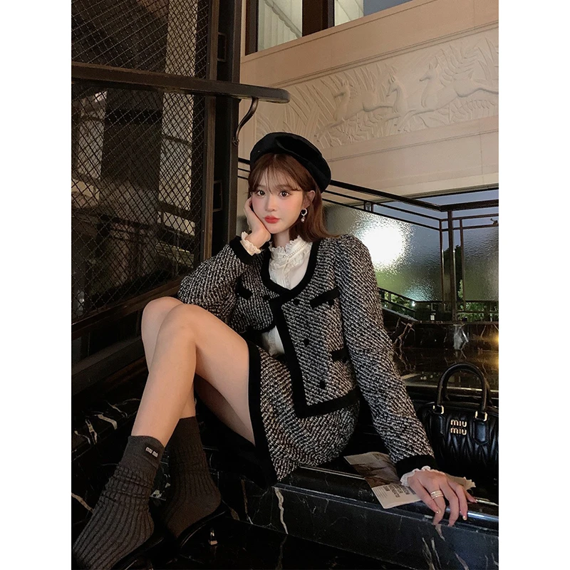 黑色小香风套装女秋冬粗花呢外套半身裙两件套M045