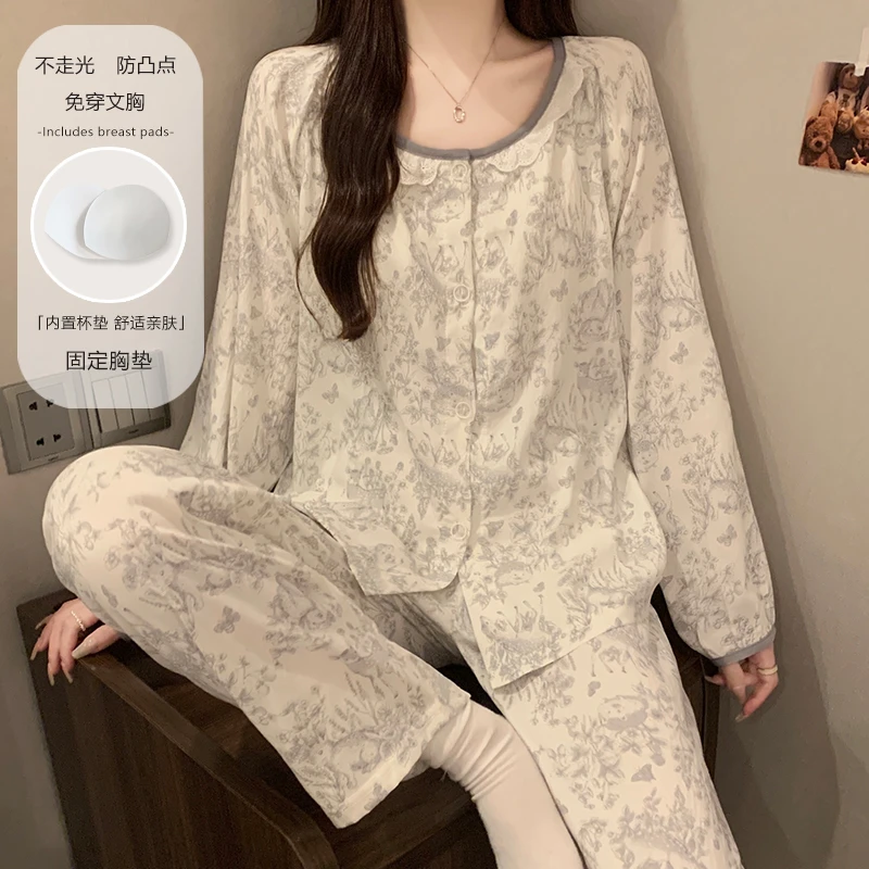 甜美简约圆领睡衣女款爆款2025新款春秋季带胸垫开衫网红家居服