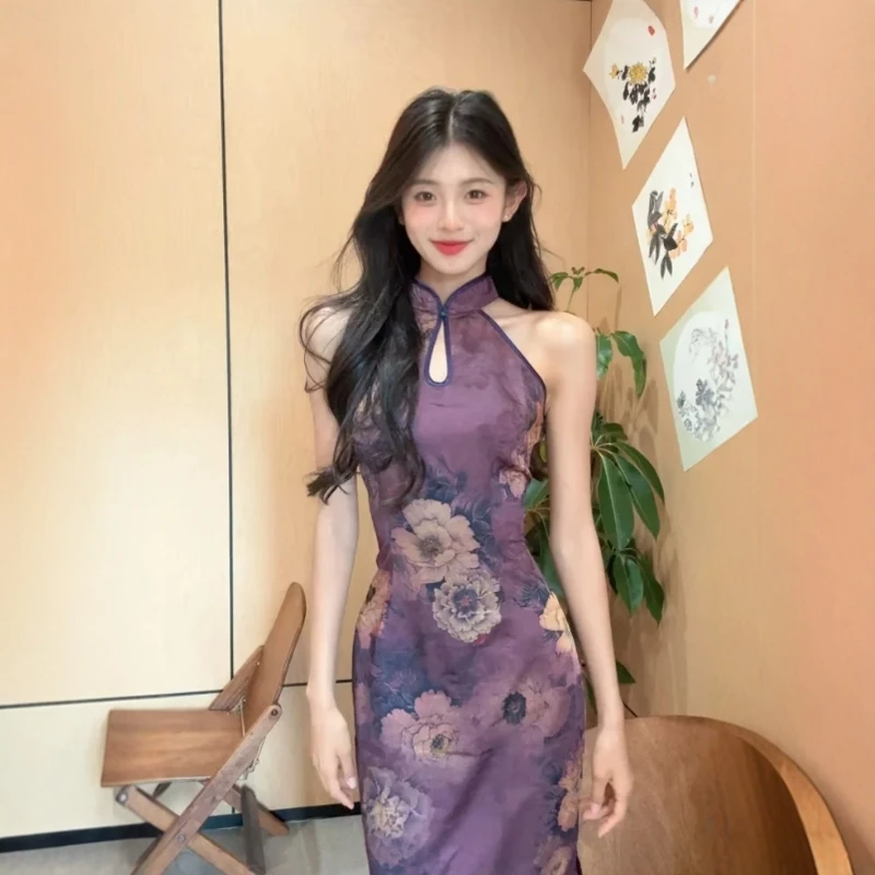 2025夏季穿搭新中式国风改良旗袍复古独特绝美印花修身包臀连衣裙