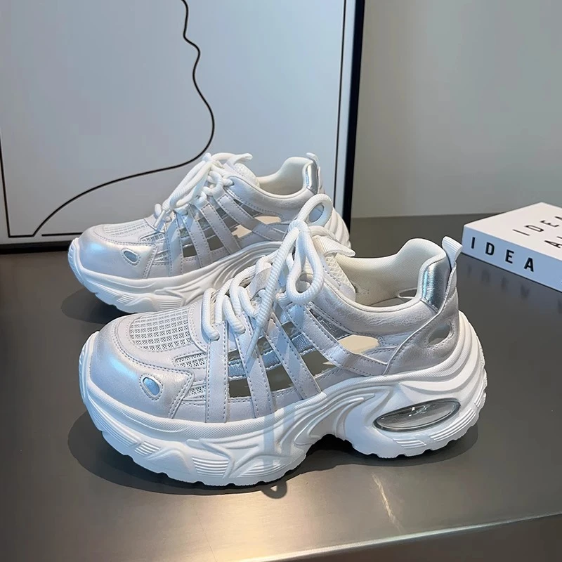 爆款松糕厚底镂空老爹鞋女2025夏增高网面透气轻便休闲运动凉鞋女