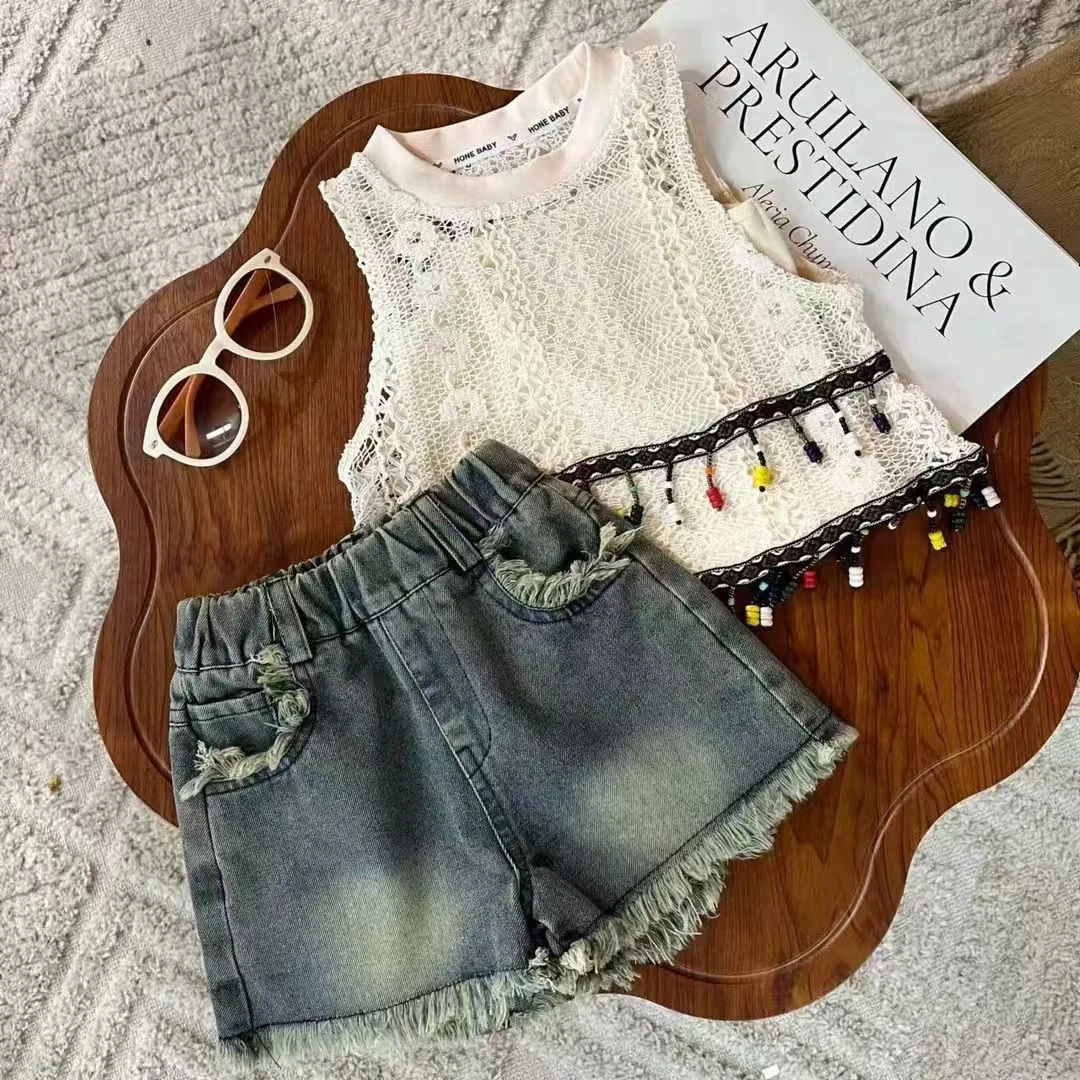 女童夏装2025新款韩版两件套暑假风度假背心牛仔裤夏装短裤套装