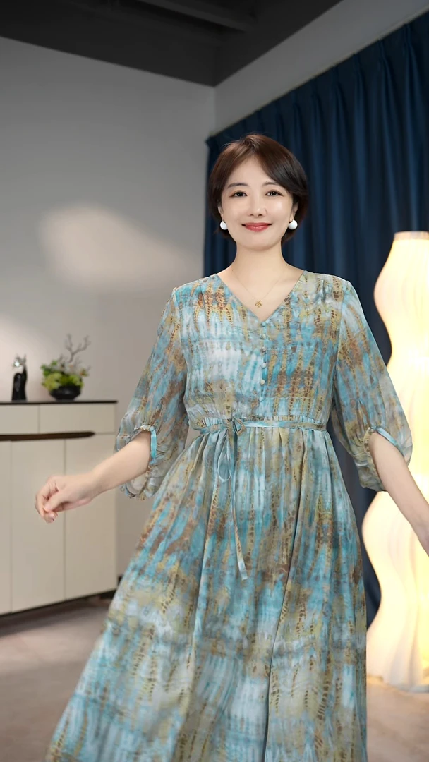 10306桑蚕丝气质真丝高端线新款法式高档气质复古印花连衣裙