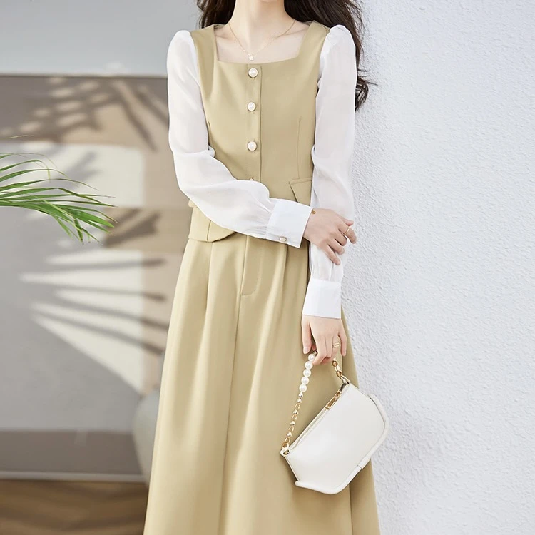 E3582【新款】时尚轻熟淑女小众卡其色半身裙套装