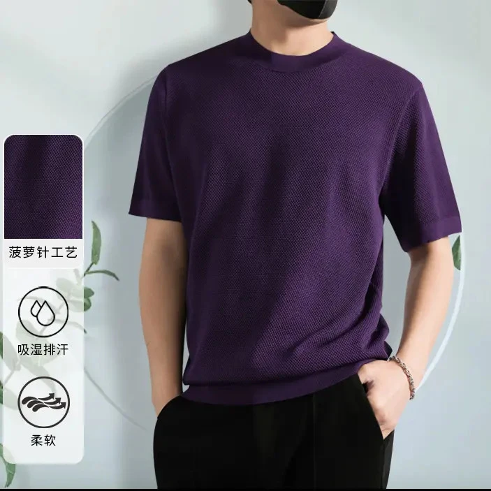 2025年新款80支进口纱线菠萝针短袖T恤上衣男士休闲百搭打底针织