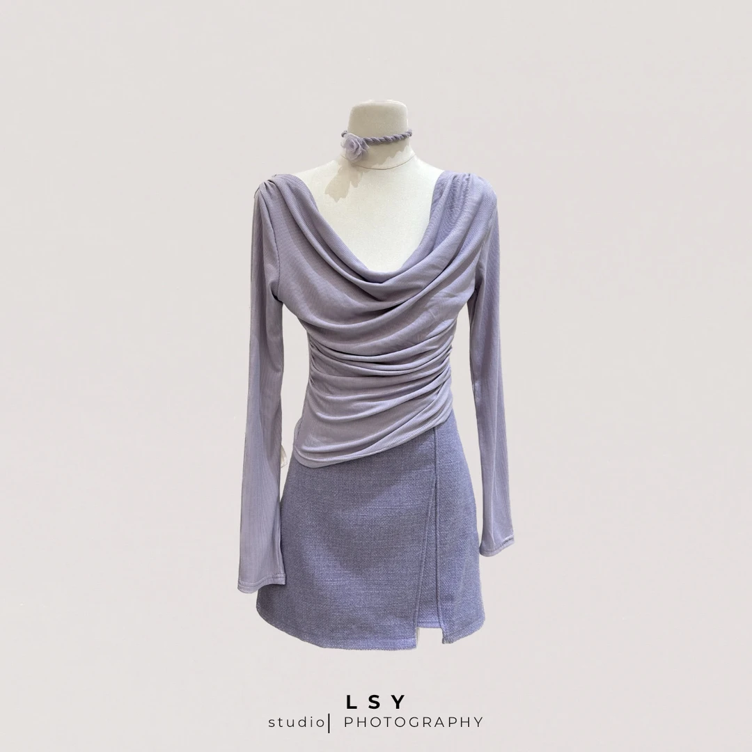 2026春秋新款韩版纯欲风荡领挂脖假两件女长袖T恤女修身显瘦上衣