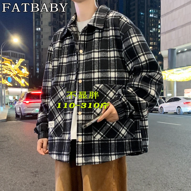 大码男士日系休闲宽松长袖衬衣秋季垂坠格纹潮牌ins翻领衬衫外套