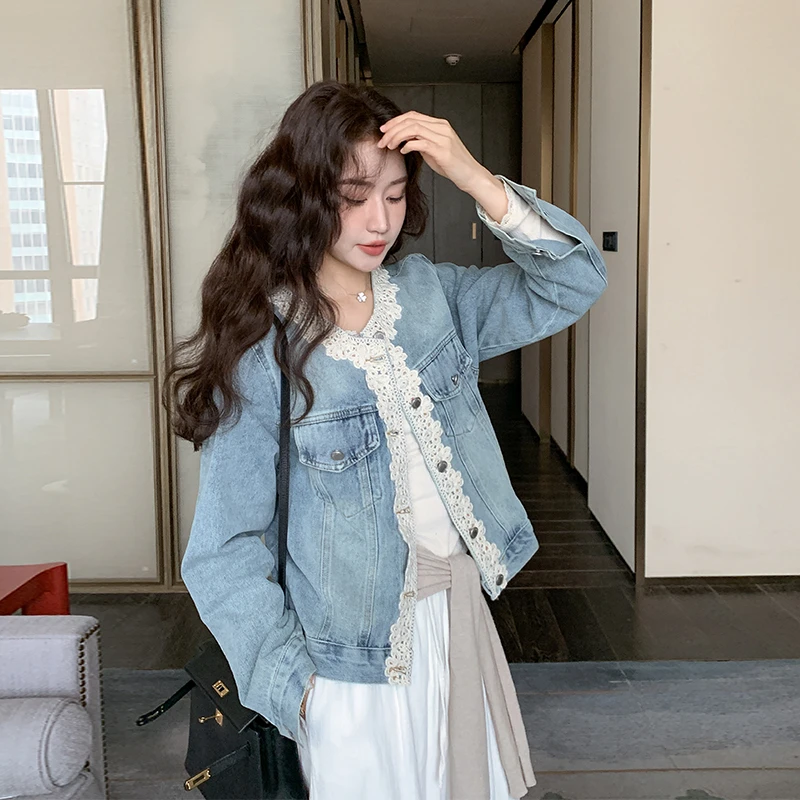 美式重工蕾丝拼接牛仔外套女春秋港风独特漂亮小众短款小个子上衣
