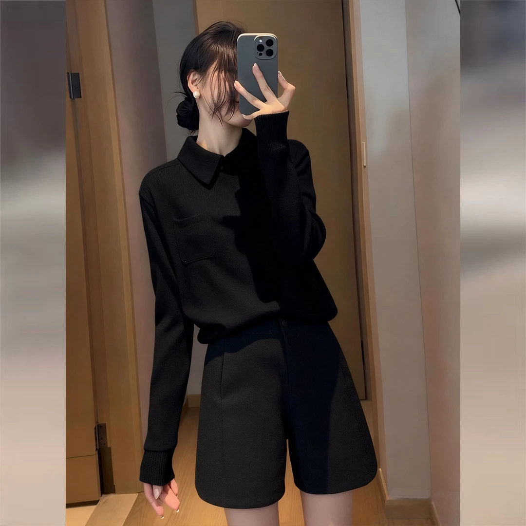 黑色polo领打底毛衣女2025秋新款高级感轻熟风内搭显瘦针织衫上衣
