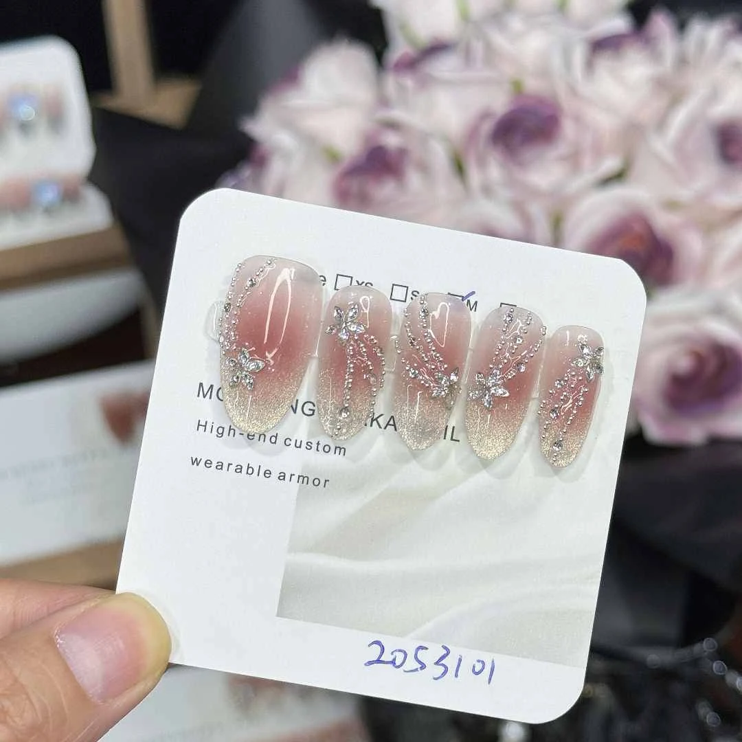 【枕星河】显白猫眼麦穗小花流苏拼钻美甲2053101 纯手工穿戴甲