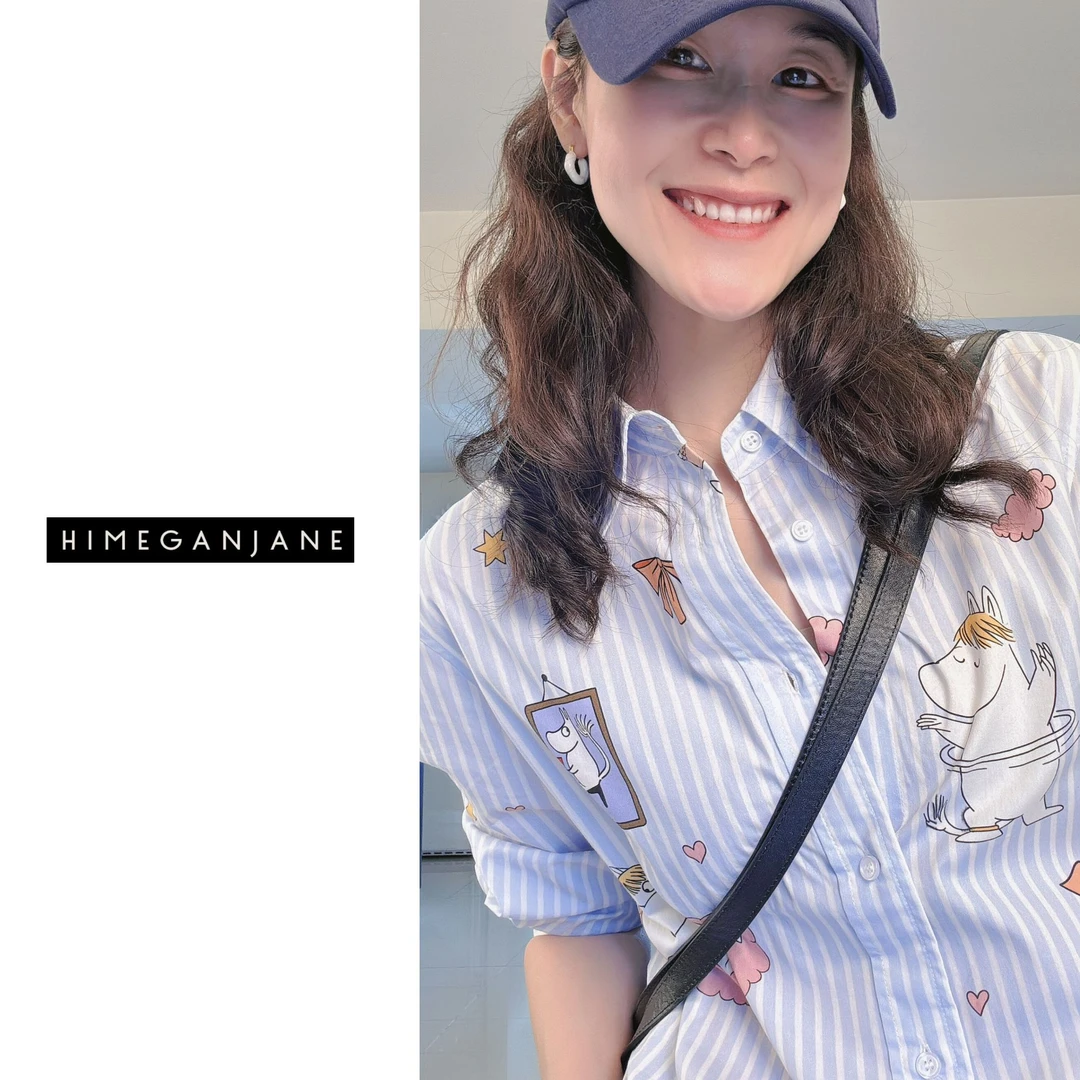 HIMEGANJANE “姆明家族”100%棉卡通印花蓝白条纹休闲衬衣73873