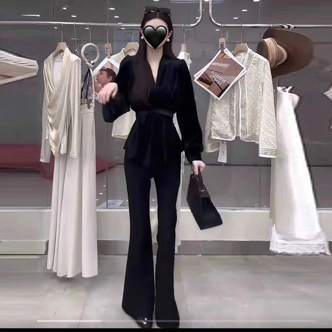 法式时尚百搭显瘦上衣女2025年秋季高级感别致V领长袖衬衫6306#