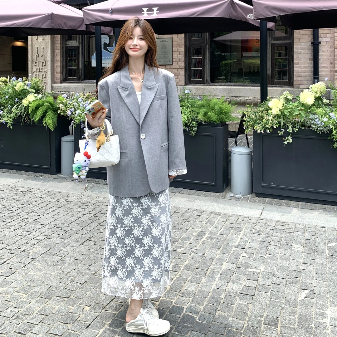 韩系巨好看蕾丝碎花半身裙套装女2025春秋大方得体气质西装两件套
