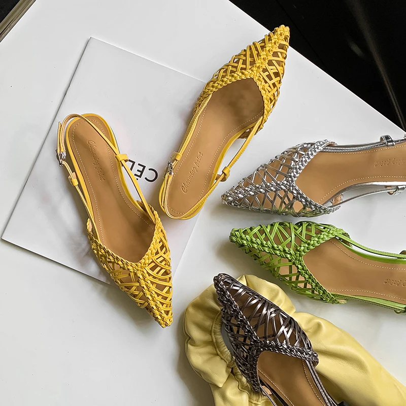 手工编织包头凉鞋女外穿尖头低跟单鞋2025夏季爆款罗马风拖鞋黄色