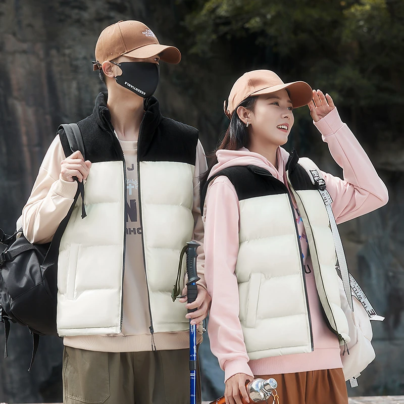 682秋冬新款情侣马甲灯芯绒拼接撞色棉马甲大码立领坎肩保暖外套