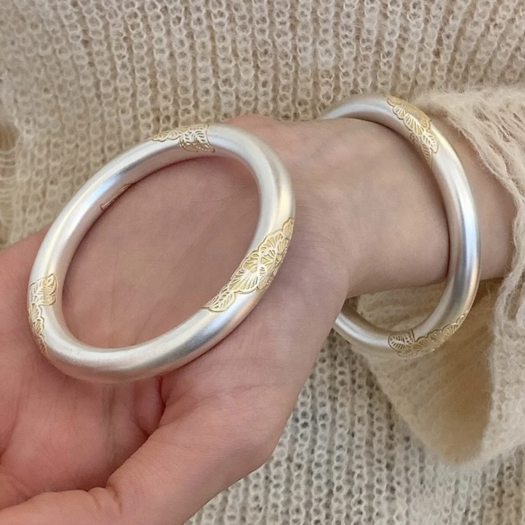 足银手镯 纯银999银金花叶手镯女描金高级感精致银镯子送女友礼物