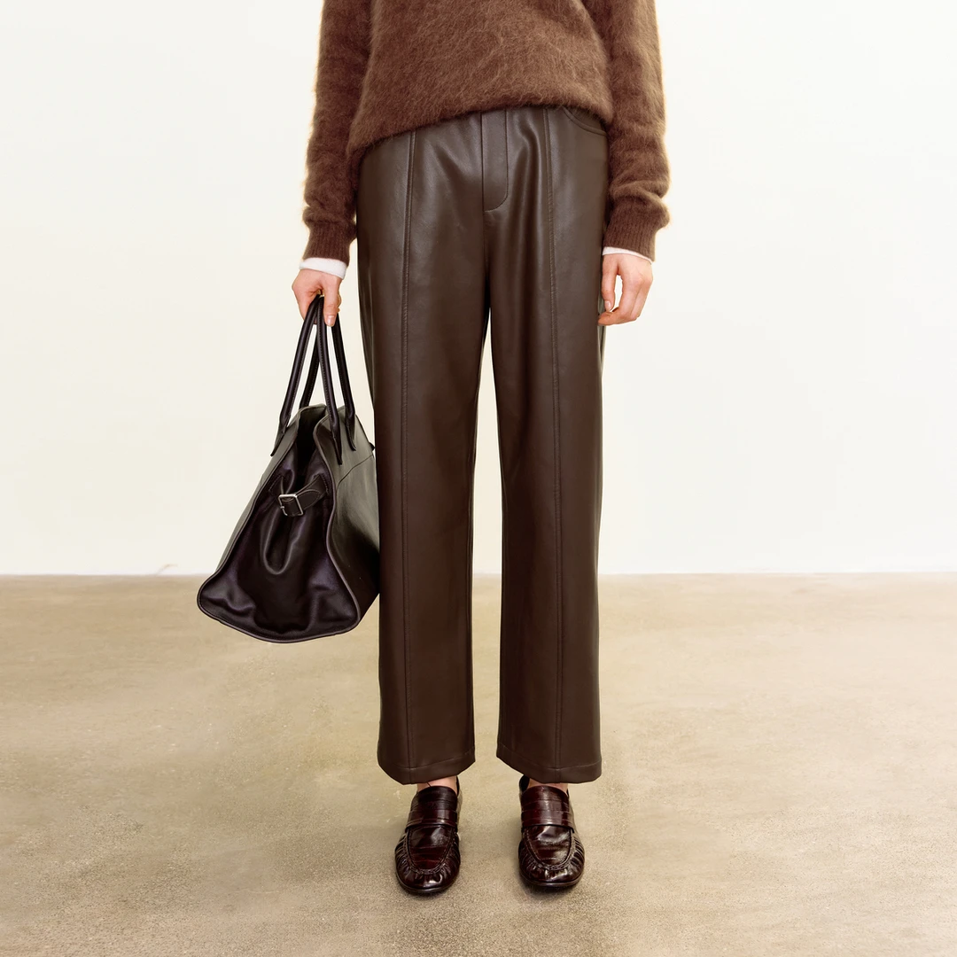 LYNEE 复古环保PU皮九分烟管裤修身百搭直筒裤子 LGD2EAL007