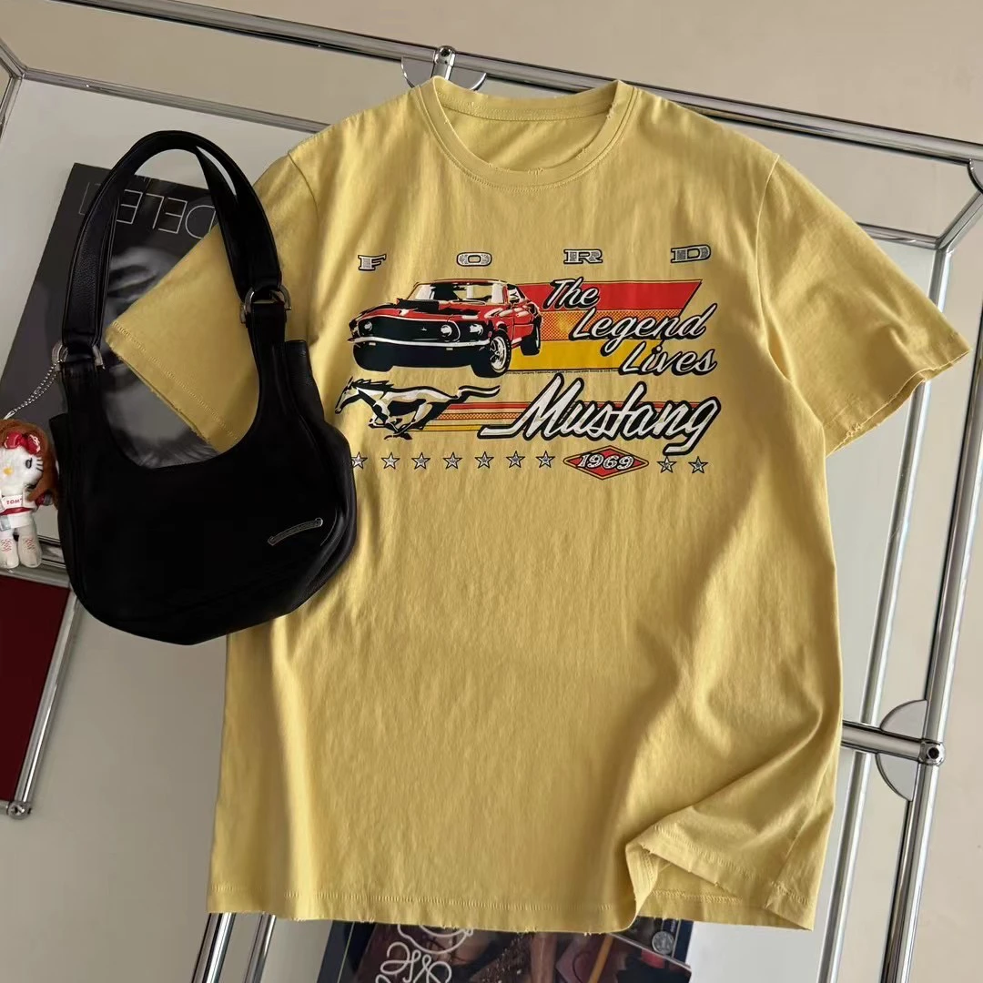 JiuMi Studio小众rose同款美式复古帅气汽车印花 脏脏小鸡黄T恤