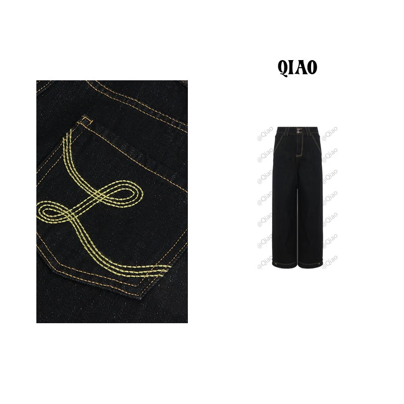 QXQT「磨砂缝黄」【店主自制】荞荞春季新款高腰阔腿直筒牛仔裤