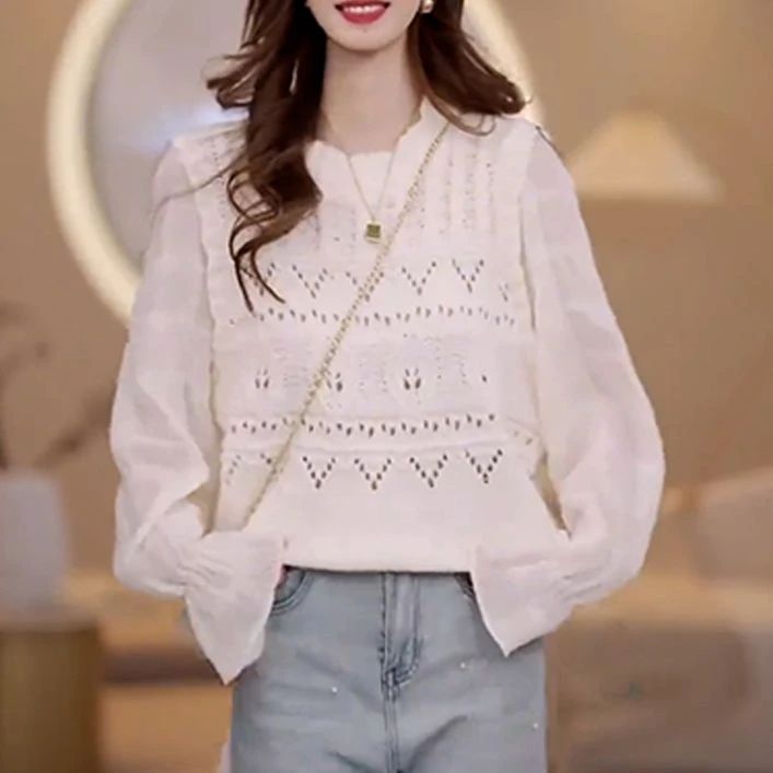 韩系圆领蕾丝拼接设计感长袖衬衫女2025秋季新款时尚通勤小众衣服