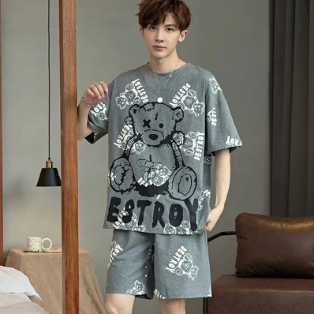 100棉青少年纯棉薄款宽松男家居服套装