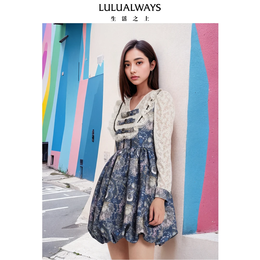 【小呆鸟专属】LULUALWAYS24春季新款印花V领花苞裙蓬蓬连衣裙