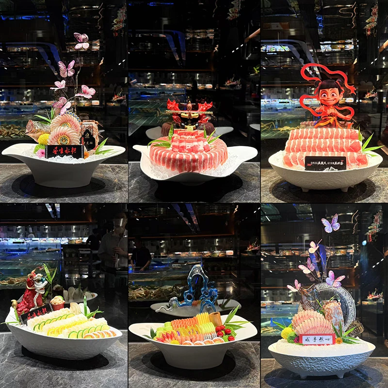 海鲜姿造刺身盘圆形盘密胺三文鱼盘干冰盘意境创意摆盘装饰套装