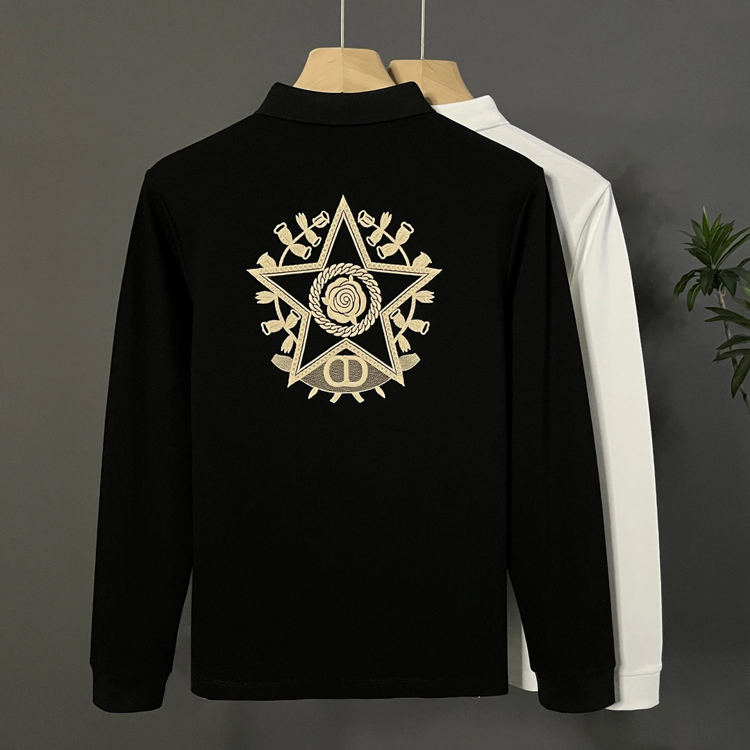 秋季男士时尚几何前后刺绣Polo衫长袖轻奢潮流百搭翻领T恤