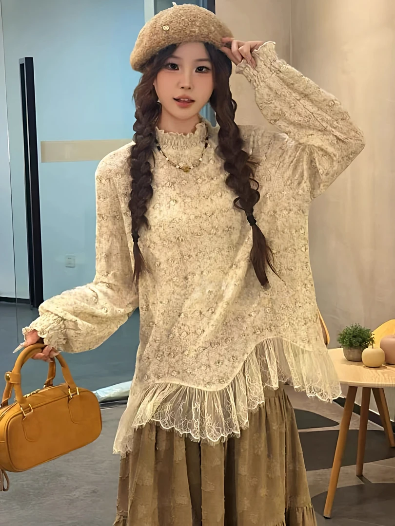 半高领长袖打底衫女秋冬新款显瘦中长款法式蕾丝拼接上衣
