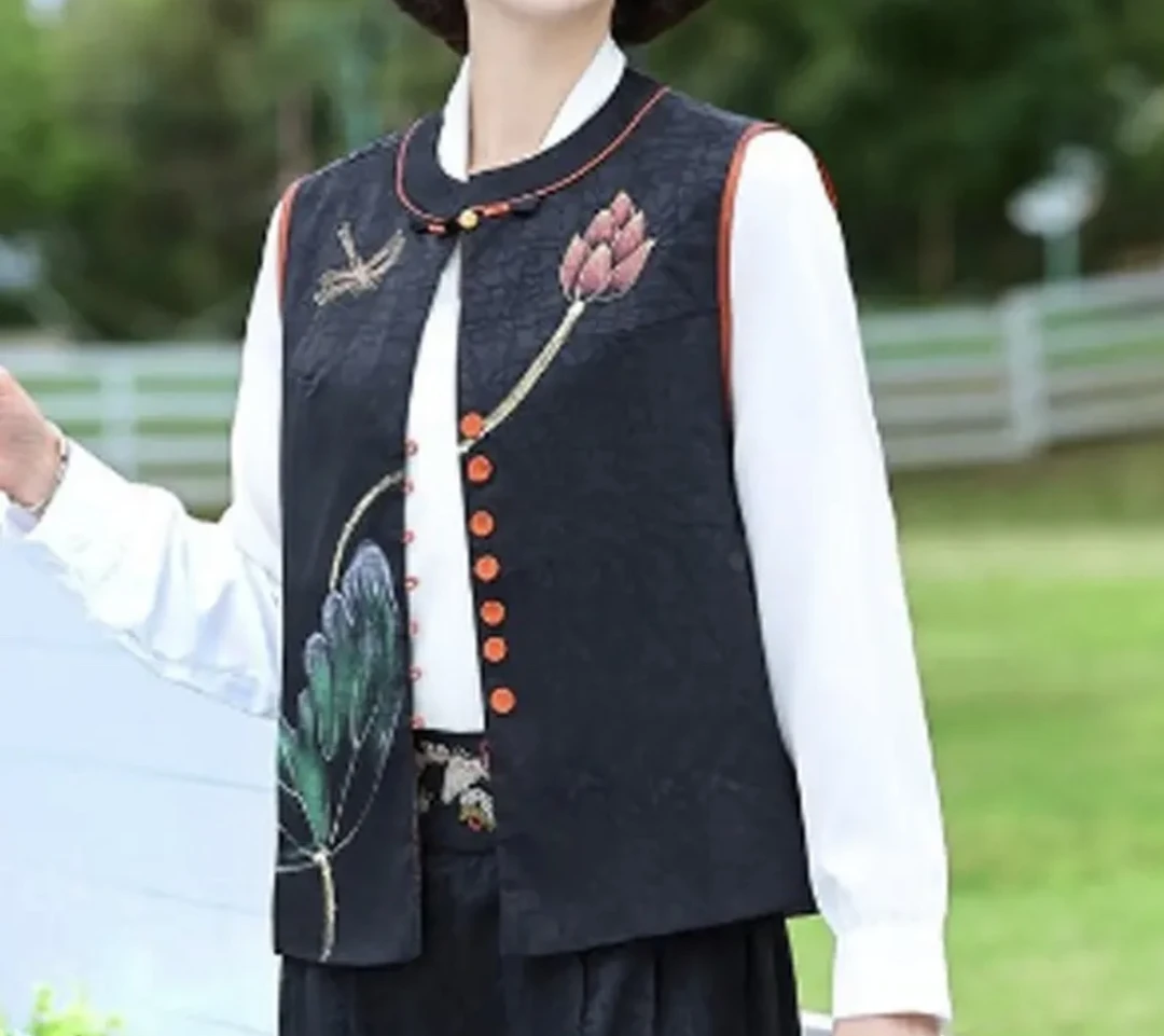 新中式国风盘扣正反面穿马甲唐装女士坎肩外套复古绘画荷叶马甲