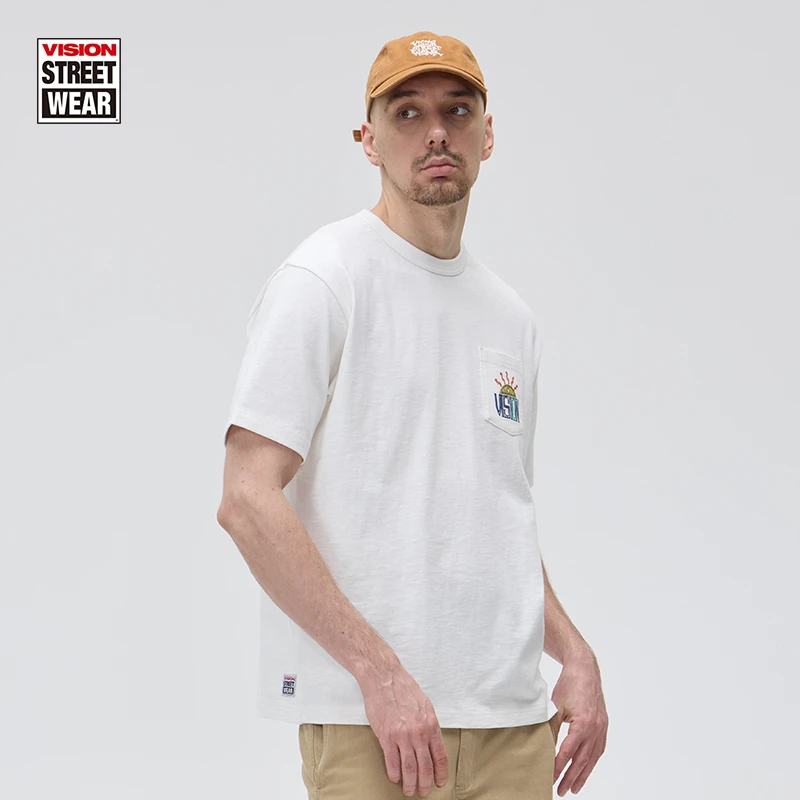 VISION 美式街头复古竹节棉宽松圆领口袋短袖T恤春夏