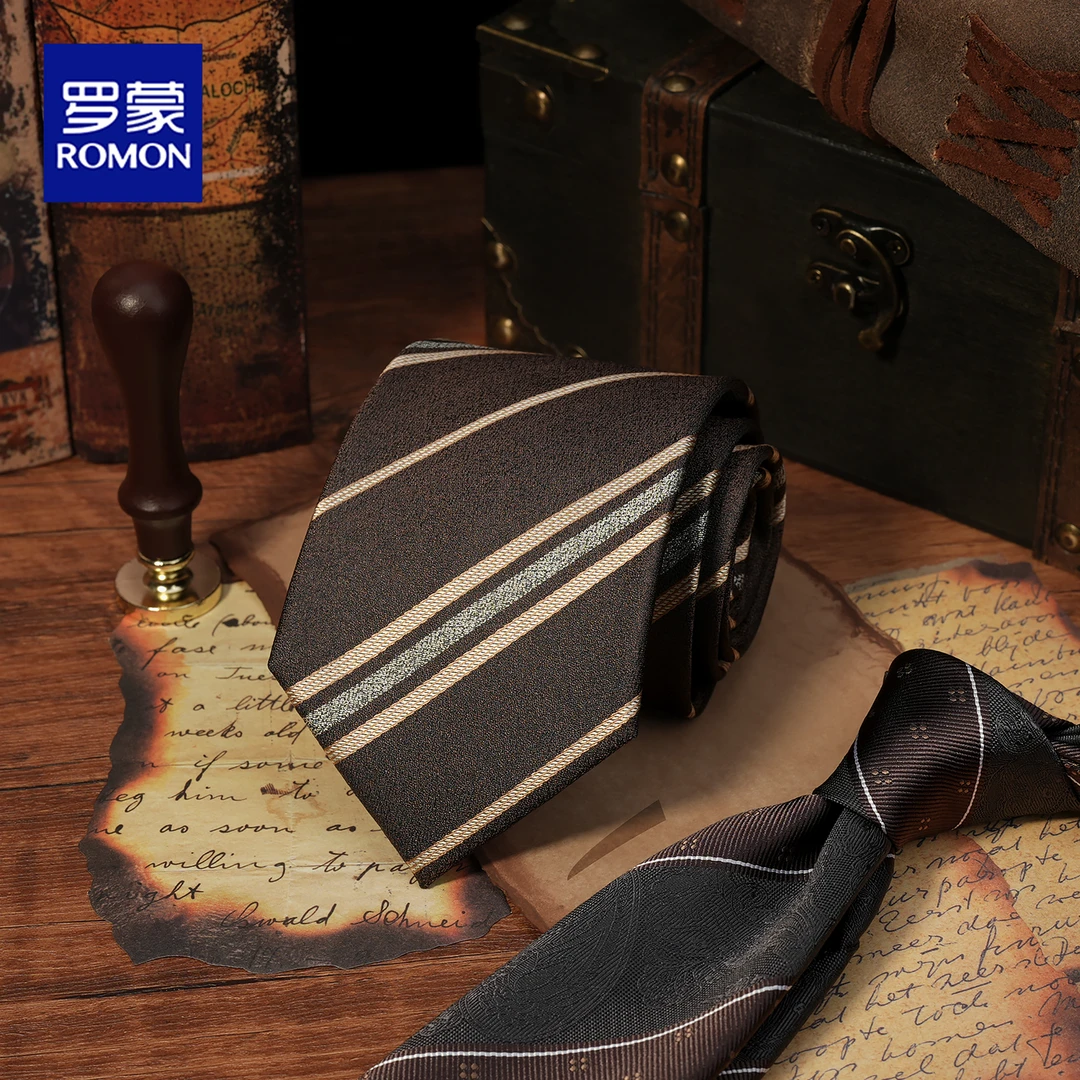 深棕色条纹领带男士手打商务韩版8cm高级感正装复古咖色斜纹配饰