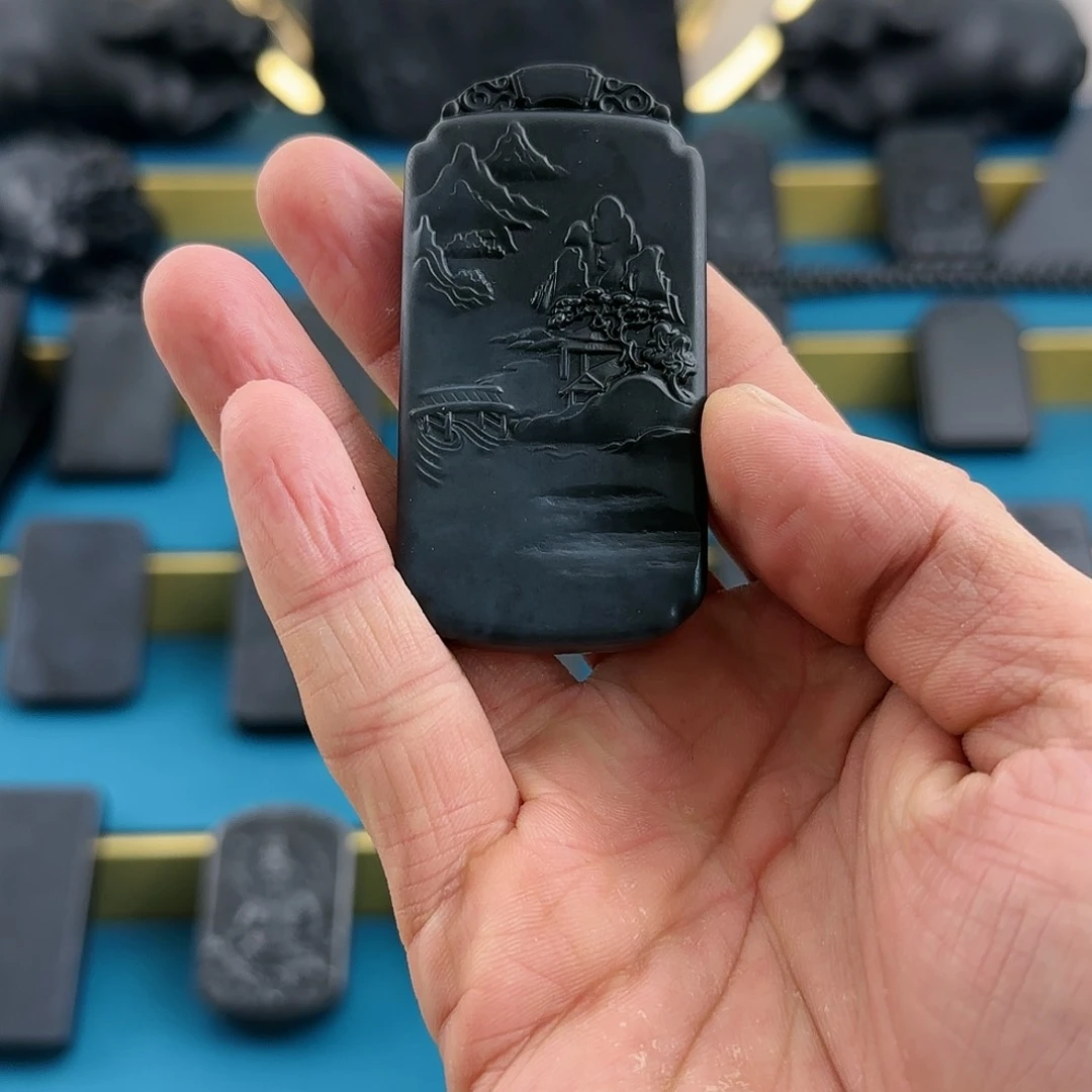 和田玉（墨玉）山水特色墨玉挂件未镶嵌S****森