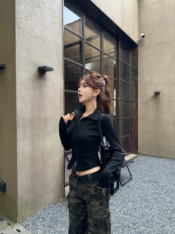 修身弹力运动外套长袖秋季拼接女修身型短外套立领