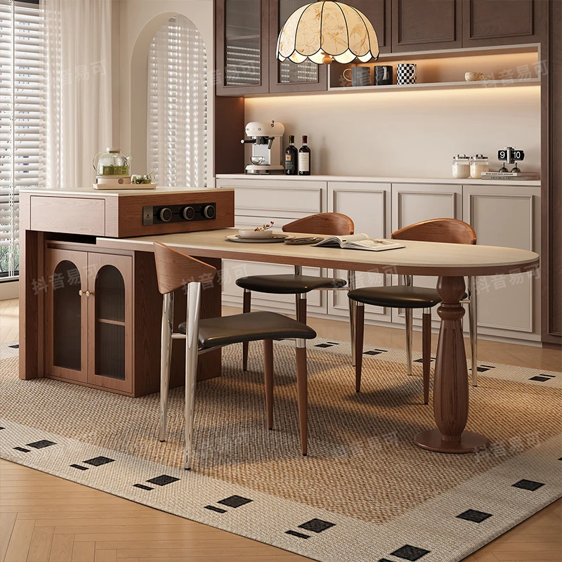 易可岛台餐桌一体2025新款可伸缩法式中古多功能岩板家用小户型