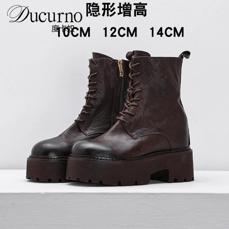 14公分内增高马丁靴小个子12CM复古水洗手工马皮靴子厚底大头短靴