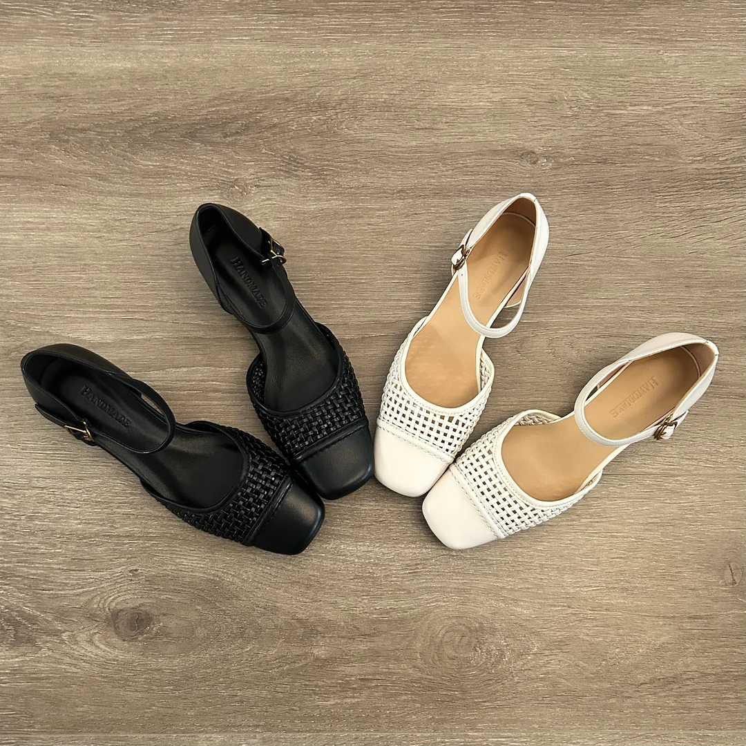 Dannyfrey法式复古配裙子编织头层小牛皮包头方头拼接轻奢凉鞋