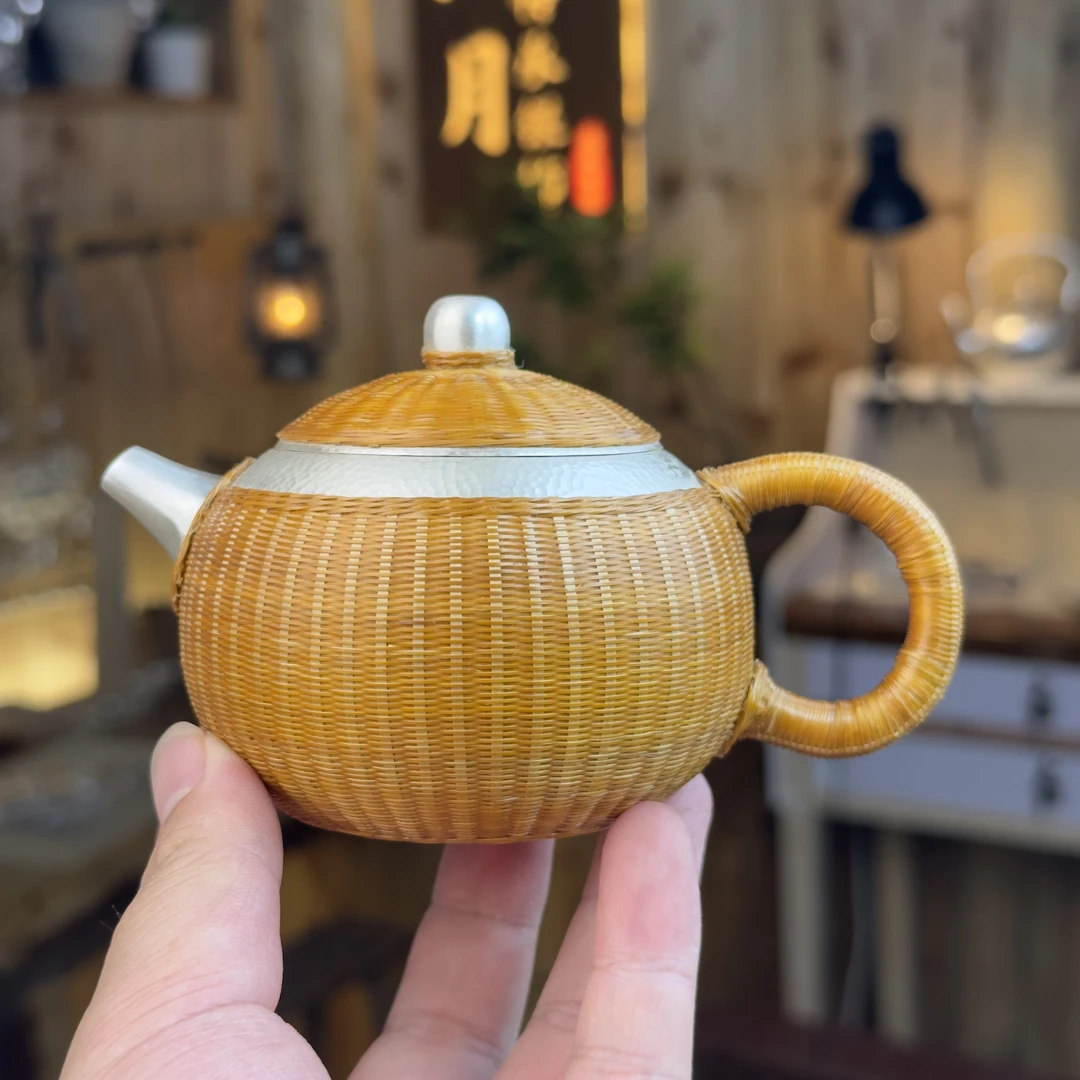 足银银制品 足银999 银水壶 竹编银茶壶 约251克 纯手工编织