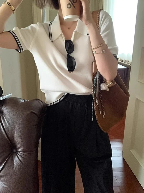 2025polo领针织短袖t恤女夏季设计感小众收腰显瘦短款翻领上衣薄