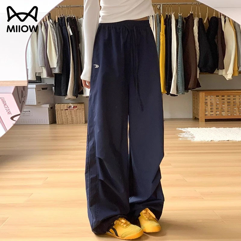 猫人藏青色工装裤女夏2025新款宽松直筒休闲速干小个子刺绣阔腿裤