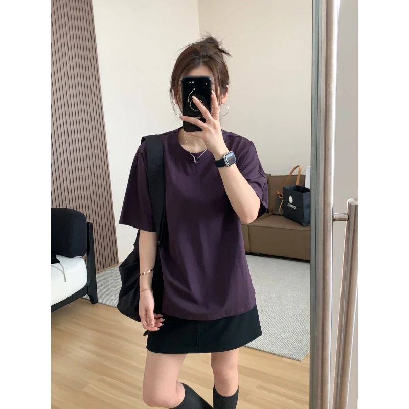 JMHH【紫光】原木棉紫色短袖t恤女夏季宽松大版圆领显瘦休闲上衣