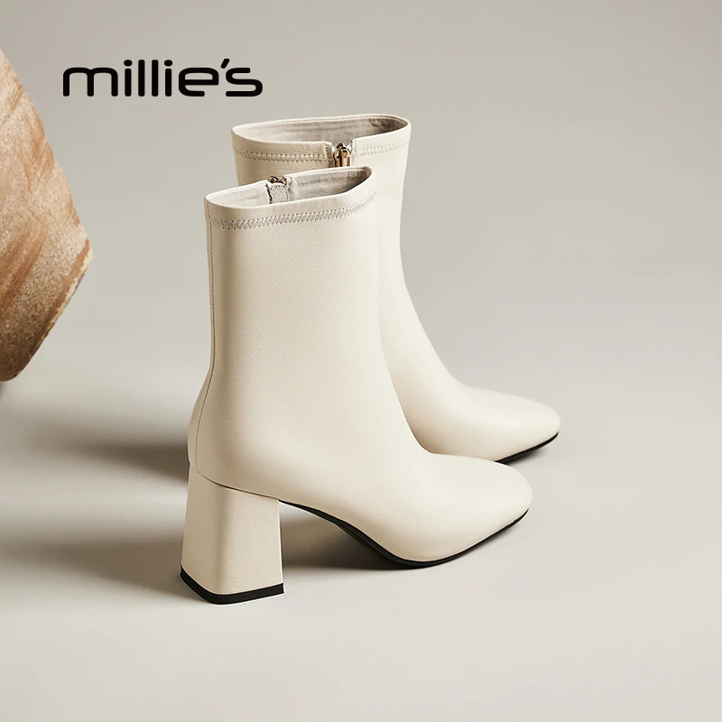 millies妙丽 尖头高跟时尚增高小个子瘦瘦显高加绒马丁靴女秋冬季